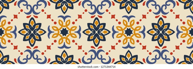 Ethnic pattern. Mediterranean seamless wallpaper. Portuguese Azulejo. Turkish ornament, Moroccan mosaic. Spanish porcelain. Ceramic dishes, folk print. Tile design. Indian patchwork.