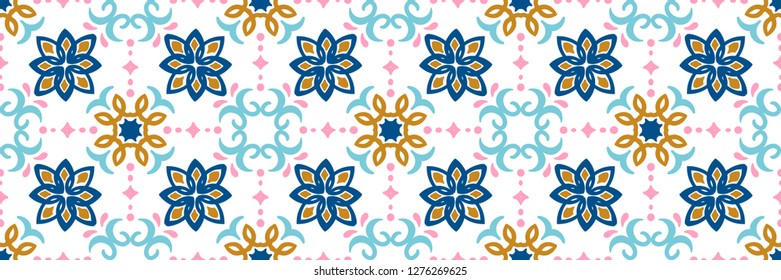 Ethnic pattern. Mediterranean seamless wallpaper. Portuguese Azulejo. Turkish ornament, Moroccan mosaic. Spanish porcelain. Ceramic dishes, folk print. Tile design. Indian patchwork.