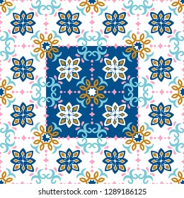 Ethnic pattern. Mediterranean seamless wallpaper. Portuguese Azulejo. Turkish ornament, Moroccan mosaic. Spanish porcelain. Ceramic dishes, folk print. Tile design. Indian patchwork.