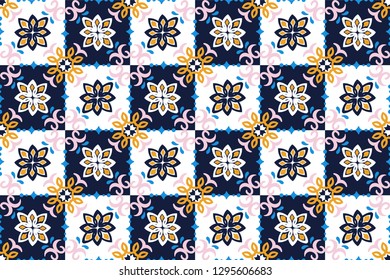 Ethnic pattern. Mediterranean seamless wallpaper. Portuguese Azulejo. Turkish ornament, Moroccan mosaic. Spanish porcelain. Ceramic dishes, folk print. Tile design. Indian patchwork.