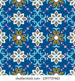 Ethnic pattern. Mediterranean seamless wallpaper. Portuguese Azulejo. Turkish ornament, Moroccan mosaic. Spanish porcelain. Ceramic dishes, folk print. Tile design. Indian patchwork.