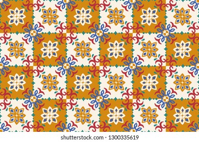 Ethnic pattern. Mediterranean seamless wallpaper. Portuguese Azulejo. Turkish ornament, Moroccan mosaic. Spanish porcelain. Ceramic dishes, folk print. Tile design. Indian patchwork. 