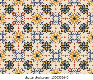 Ethnic pattern. Mediterranean seamless wallpaper. Portuguese Azulejo. Turkish ornament, Moroccan mosaic. Spanish porcelain. Ceramic dishes, folk print. Tile design. Indian patchwork. 