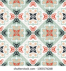 Ethnic pattern. Mediterranean seamless wallpaper. Portuguese Azulejo. Turkish ornament, Moroccan mosaic. Spanish porcelain. Ceramic dishes, folk print. Tile design. Indian patchwork.