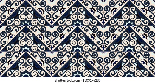 Ethnic pattern. Mediterranean seamless wallpaper. Portuguese Azulejo. Turkish ornament, Moroccan mosaic. Spanish porcelain. Ceramic dishes, folk print. Tile design. Indian patchwork.