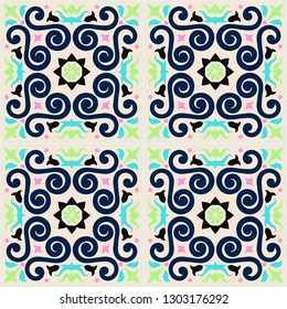 Ethnic pattern. Mediterranean seamless wallpaper. Portuguese Azulejo. Turkish ornament, Moroccan mosaic. Spanish porcelain. Ceramic dishes, folk print. Tile design. Indian patchwork.