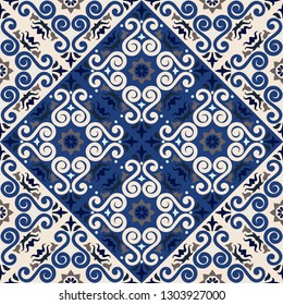 Ethnic pattern. Mediterranean seamless wallpaper. Portuguese Azulejo. Turkish ornament, Moroccan mosaic. Spanish porcelain. Ceramic dishes, folk print. Tile design. Indian patchwork. 