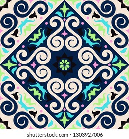 Ethnic pattern. Mediterranean seamless wallpaper. Portuguese Azulejo. Turkish ornament, Moroccan mosaic. Spanish porcelain. Ceramic dishes, folk print. Tile design. Indian patchwork. 