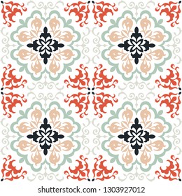 Ethnic pattern. Mediterranean seamless wallpaper. Portuguese Azulejo. Turkish ornament, Moroccan mosaic. Spanish porcelain. Ceramic dishes, folk print. Tile design. Indian patchwork. 