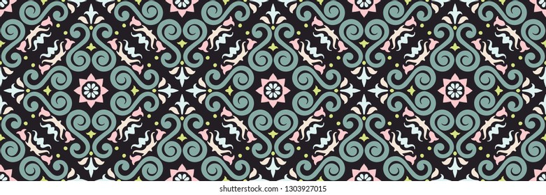 Ethnic pattern. Mediterranean seamless wallpaper. Portuguese Azulejo. Turkish ornament, Moroccan mosaic. Spanish porcelain. Ceramic dishes, folk print. Tile design. Indian patchwork. 
