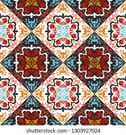 Ethnic pattern. Mediterranean seamless wallpaper. Portuguese Azulejo. Turkish ornament, Moroccan mosaic. Spanish porcelain. Ceramic dishes, folk print. Tile design. Indian patchwork. 