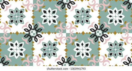 Ethnic pattern. Mediterranean seamless wallpaper. Portuguese Azulejo. Turkish ornament, Moroccan mosaic. Spanish porcelain. Ceramic dishes, folk print. Tile design. Indian patchwork. 
