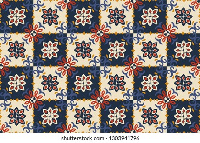Ethnic pattern. Mediterranean seamless wallpaper. Portuguese Azulejo. Turkish ornament, Moroccan mosaic. Spanish porcelain. Ceramic dishes, folk print. Tile design. Indian patchwork. 