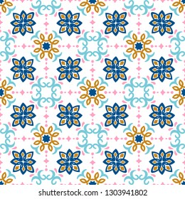Ethnic pattern. Mediterranean seamless wallpaper. Portuguese Azulejo. Turkish ornament, Moroccan mosaic. Spanish porcelain. Ceramic dishes, folk print. Tile design. Indian patchwork. 