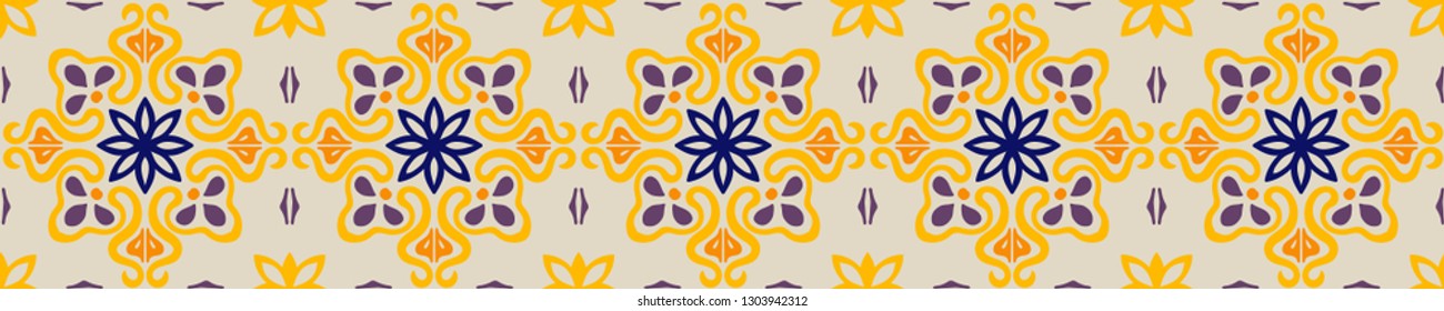 Ethnic pattern. Mediterranean seamless wallpaper. Portuguese Azulejo. Turkish ornament, Moroccan mosaic. Spanish porcelain. Ceramic dishes, folk print. Tile design. Indian patchwork.