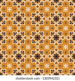 Ethnic pattern. Mediterranean seamless wallpaper. Portuguese Azulejo. Turkish ornament, Moroccan mosaic. Spanish porcelain. Ceramic dishes, folk print. Tile design. Indian patchwork.