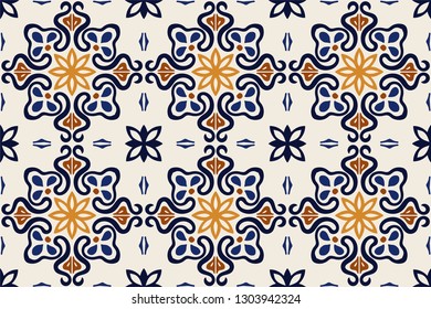 Ethnic pattern. Mediterranean seamless wallpaper. Portuguese Azulejo. Turkish ornament, Moroccan mosaic. Spanish porcelain. Ceramic dishes, folk print. Tile design. Indian patchwork.
