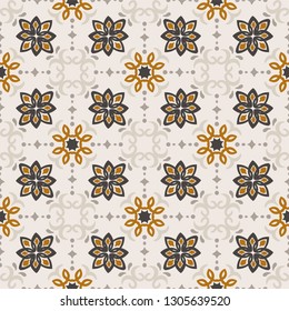 Ethnic pattern. Mediterranean seamless wallpaper. Portuguese Azulejo. Turkish ornament, Moroccan mosaic. Spanish porcelain. Ceramic dishes, folk print. Tile design. Indian patchwork.