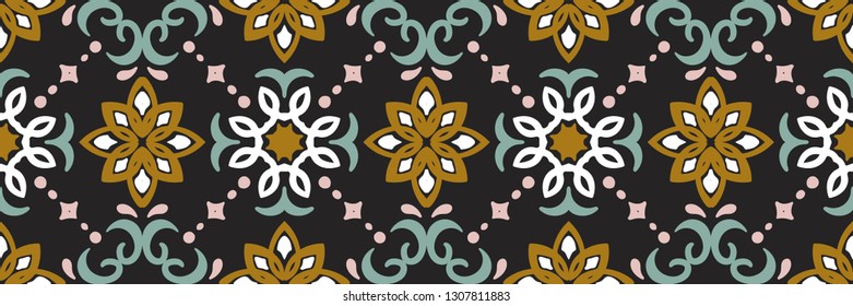 Ethnic pattern. Mediterranean seamless wallpaper. Portuguese Azulejo. Turkish ornament, Moroccan mosaic. Spanish porcelain. Ceramic dishes, folk print. Tile design. Indian patchwork.