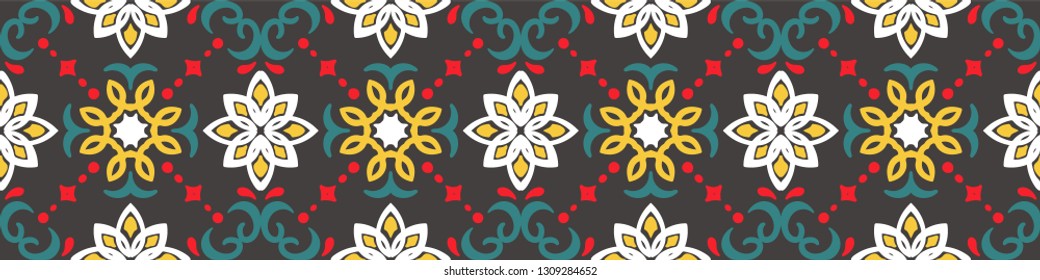 Ethnic pattern. Mediterranean seamless wallpaper. Portuguese Azulejo. Turkish ornament, Moroccan mosaic. Spanish porcelain. Ceramic dishes, folk print. Tile design. Indian patchwork.