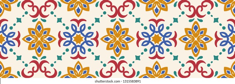 Ethnic pattern. Mediterranean seamless wallpaper. Portuguese Azulejo. Turkish ornament, Moroccan mosaic. Spanish porcelain. Ceramic dishes, folk print. Tile design. Indian patchwork.