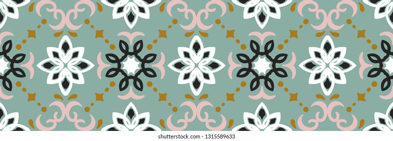 Ethnic pattern. Mediterranean seamless wallpaper. Portuguese Azulejo. Turkish ornament, Moroccan mosaic. Spanish porcelain. Ceramic dishes, folk print. Tile design. Indian patchwork.