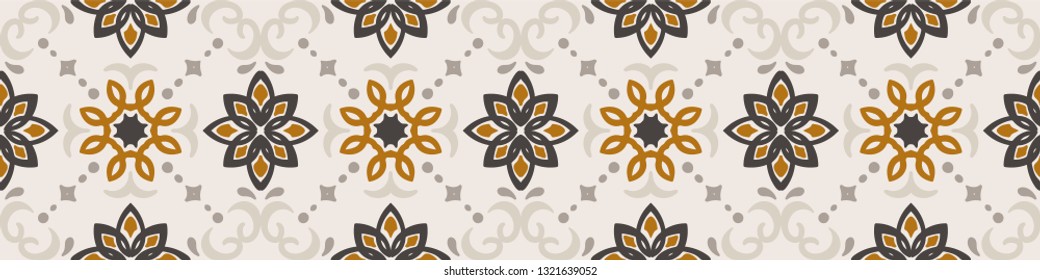 Ethnic pattern. Mediterranean seamless wallpaper. Portuguese Azulejo. Turkish ornament, Moroccan mosaic. Spanish porcelain. Ceramic dishes, folk print. Tile design. Indian patchwork.