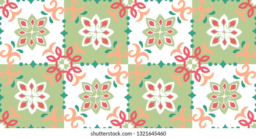 Ethnic pattern. Mediterranean seamless wallpaper. Portuguese Azulejo. Turkish ornament, Moroccan mosaic. Spanish porcelain. Ceramic dishes, folk print. Tile design. Indian patchwork.