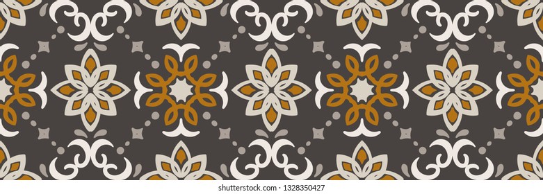 Ethnic pattern. Mediterranean seamless wallpaper. Portuguese Azulejo. Turkish ornament, Moroccan mosaic. Spanish porcelain. Ceramic dishes, folk print. Tile design. Indian patchwork.