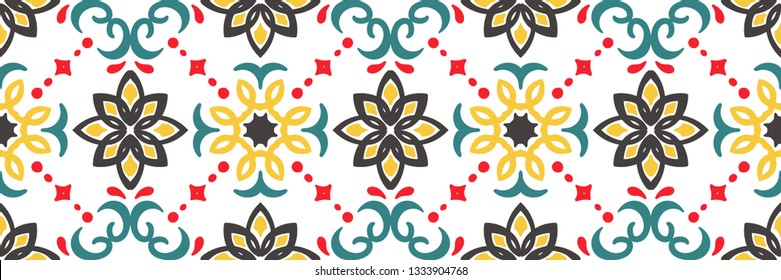 Ethnic pattern. Mediterranean seamless wallpaper. Portuguese Azulejo. Turkish ornament, Moroccan mosaic. Spanish porcelain. Ceramic dishes, folk print. Tile design. Indian patchwork.