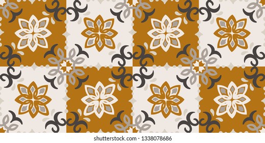 Ethnic pattern. Mediterranean seamless wallpaper. Portuguese Azulejo. Turkish ornament, Moroccan mosaic. Spanish porcelain. Ceramic dishes, folk print. Tile design. Indian patchwork.
