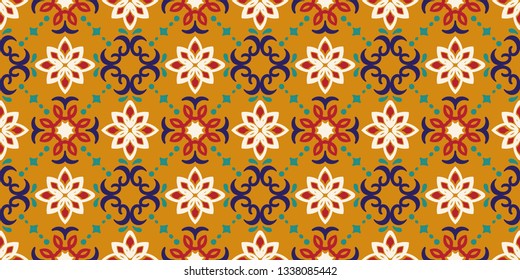 Ethnic pattern. Mediterranean seamless wallpaper. Portuguese Azulejo. Turkish ornament, Moroccan mosaic. Spanish porcelain. Ceramic dishes, folk print. Tile design. Indian patchwork.