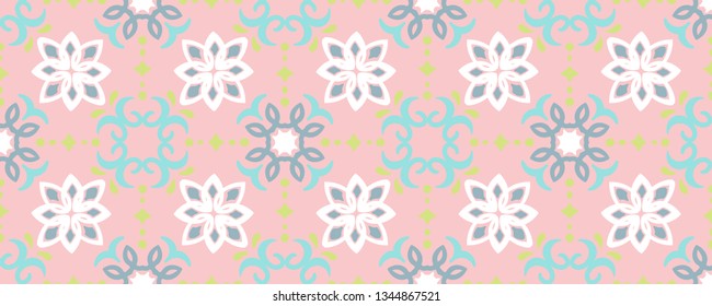 Ethnic pattern. Mediterranean seamless wallpaper. Portuguese Azulejo. Turkish ornament, Moroccan mosaic. Spanish porcelain. Ceramic dishes, folk print. Tile design. Indian patchwork.