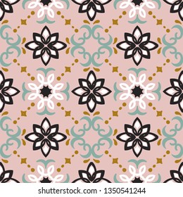 Ethnic pattern. Mediterranean seamless wallpaper. Portuguese Azulejo. Turkish ornament, Moroccan mosaic. Spanish porcelain. Ceramic dishes, folk print. Tile design. Indian patchwork.