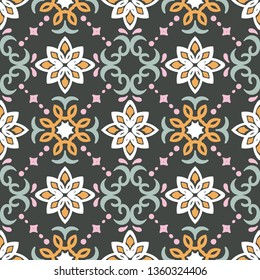 Ethnic pattern. Mediterranean seamless wallpaper. Portuguese Azulejo. Turkish ornament, Moroccan mosaic. Spanish porcelain. Ceramic dishes, folk print. Tile design. Indian patchwork.