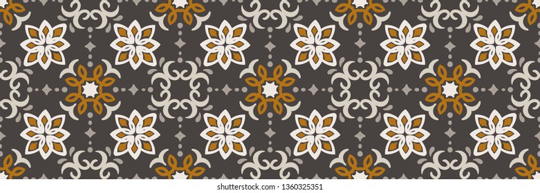 Ethnic pattern. Mediterranean seamless wallpaper. Portuguese Azulejo. Turkish ornament, Moroccan mosaic. Spanish porcelain. Ceramic dishes, folk print. Tile design. Indian patchwork.