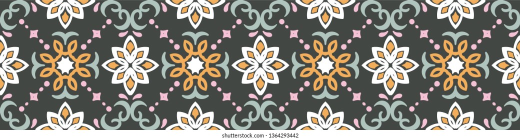 Ethnic pattern. Mediterranean seamless wallpaper. Portuguese Azulejo. Turkish ornament, Moroccan mosaic. Spanish porcelain. Ceramic dishes, folk print. Tile design. Indian patchwork.