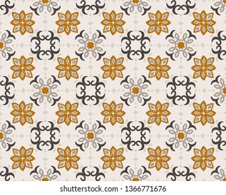 Ethnic pattern. Mediterranean seamless wallpaper. Portuguese Azulejo. Turkish ornament, Moroccan mosaic. Spanish porcelain. Ceramic dishes, folk print. Tile design. Indian patchwork.