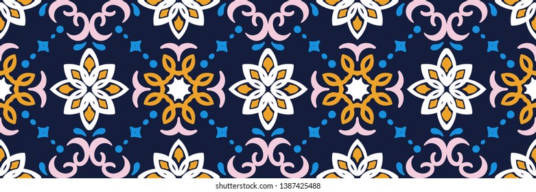 Ethnic pattern. Mediterranean seamless wallpaper. Portuguese Azulejo. Turkish ornament, Moroccan mosaic. Spanish porcelain. Ceramic dishes, folk print. Tile design. Indian patchwork.