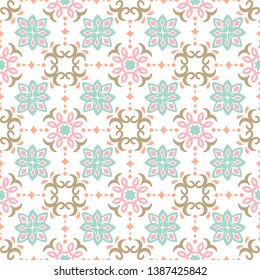 Ethnic pattern. Mediterranean seamless wallpaper. Portuguese Azulejo. Turkish ornament, Moroccan mosaic. Spanish porcelain. Ceramic dishes, folk print. Tile design. Indian patchwork.