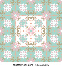 Ethnic pattern. Mediterranean seamless wallpaper. Portuguese Azulejo. Turkish ornament, Moroccan mosaic. Spanish porcelain. Ceramic dishes, folk print. Tile design. Indian patchwork.