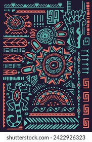 Ethnic pattern on ancient poster. Aztec background. Tribal elements, geometric shapes, abstract animal symbols. Peruvian ornament on wall art, interior decor. Flat vector illustration in boho style