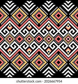 Ethnic pattern on. Black background, vector seamless pattern with yellow, pink, and white. Traditional geometric pattern design. Textile abstract pattern