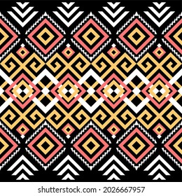 Ethnic pattern on. Black background, vector seamless pattern with yellow, pink, and white. Traditional geometric pattern design. Textile abstract pattern