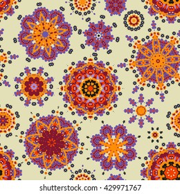 Ethnic pattern in orange violet color with stylized flowers. Seamless vector texture for print, spring summer fashion, fabric, textile