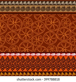 Ethnic pattern with oranges seamless print and doodle pagan borders. Inspired by aboriginal arts. Bohemian textile collection. Brown, orange, cooper shadows.