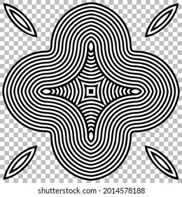 Patrón étnico, mandala oriental en un estilo de ilusión óptica decorativa. Elemento geométrico blanco negro sobre fondo aislado. Plantilla para creatividad, colorear, tatuar.