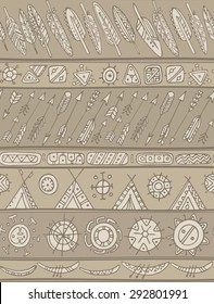 Ethnic pattern with ornamental stripes with arrows, feathers, houses. Texture for web, print, wallpaper, home decor, summer fall fashion textile or fabric, website background, wrapping paper.