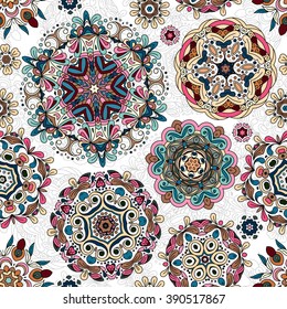 Ethnic pattern in pastel color with stylized flowers, leaves and circular shapes with Kazakh, Turkish, Uzbek motifs Seamless vector texture for print, spring summer fashion, wallpaper, fabric, textile