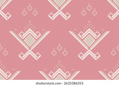 Ethnic pattern of pink and beige cream of abstract geometric shape. Seamless pattern in pastel. Concept of minimal, soft, pixel art, diamond, motifs, ornate for wrap, fabric print, texture, embroidery